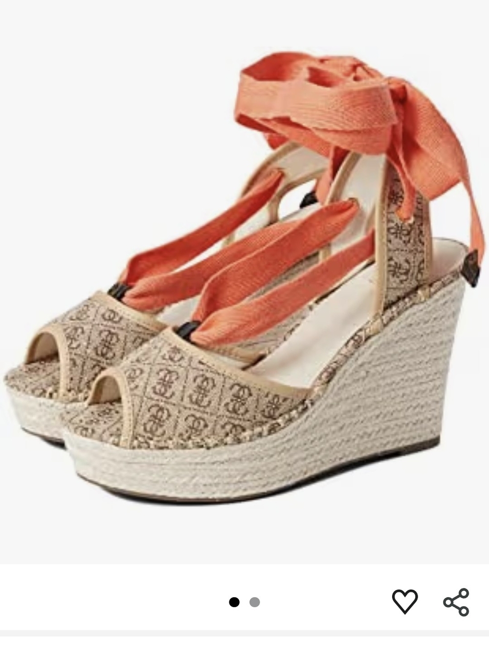 Guess Beige Monogram Wedge Espadrilles with Coral Ankle Ties